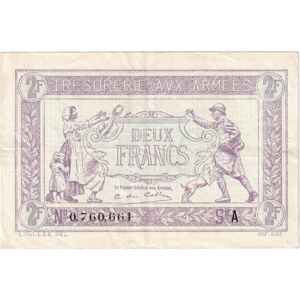 France, 2 Francs, 1917-1919 Army Treasury, O.760.661, EF(40-45)