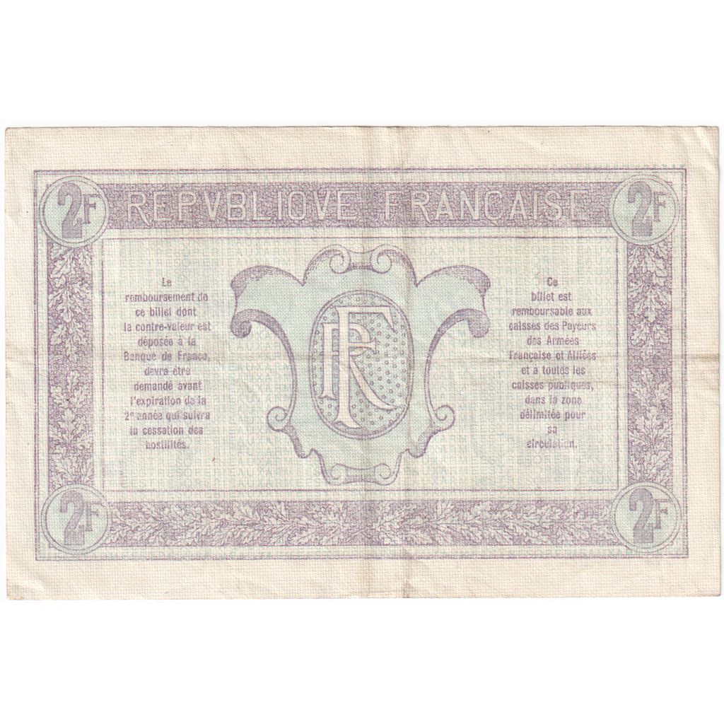 France, 2 Francs, 1917-1919 Army Treasury, O.760.661, EF(40-45)