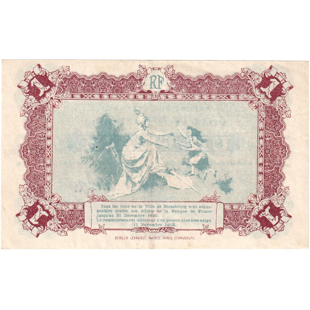 France, Strasbourg, 1 Franc, 1918, Bon Municipal., AU(55-58), Pirot:133-4
