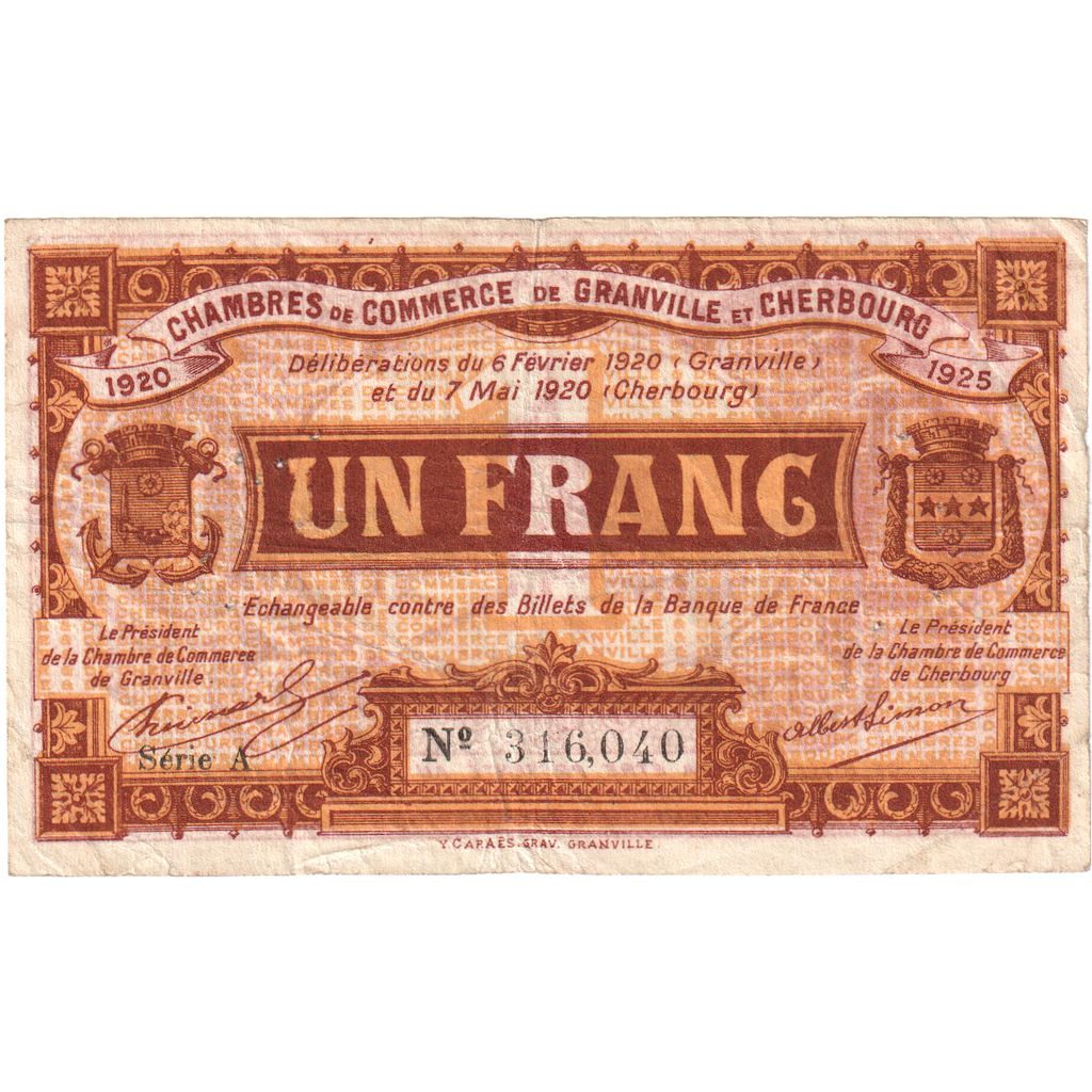 Frankreich, Cherbourg et Granville, 1 Franc, 1918-11-11, Bon Municipal., SS