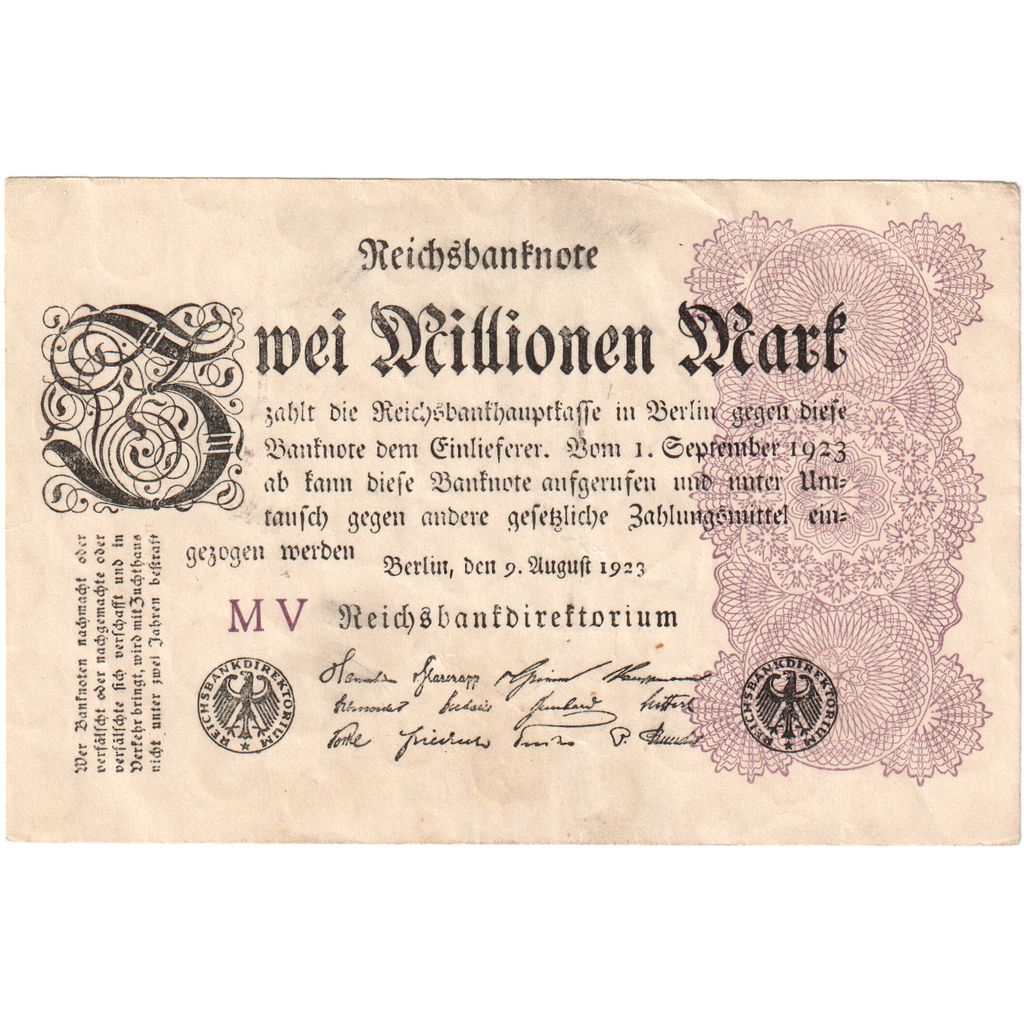Germany, 2 Millionen Mark, 1923, 1923-08-09, KM:104b, EF(40-45)