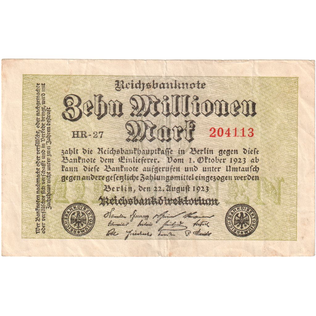Germany, 10 Millionen Mark, 1923-08-22, KM:106a, AU(55-58)