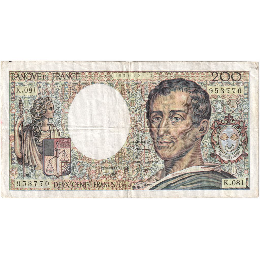Francia, 200 Francs, Montesquieu, 1990, K.081, BC, Fayette:70.10a, KM:155d