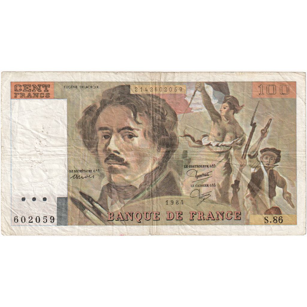 France, 100 Francs, Delacroix, 1984, S.86, VF(20-25), Fayette:69.08a, KM:154b