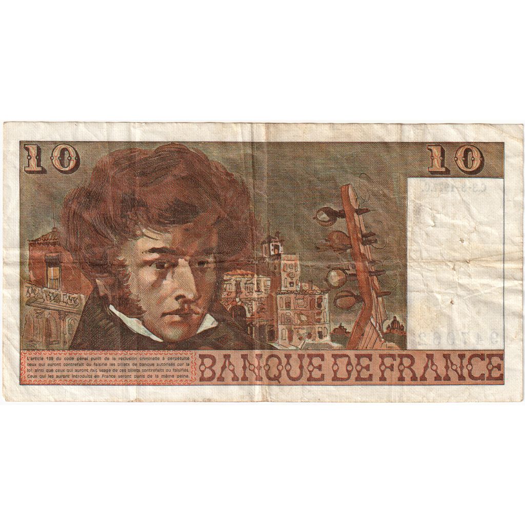 France, 10 Francs, Berlioz, 1977, K.297, VF(20-25), Fayette:63.21, KM:150c