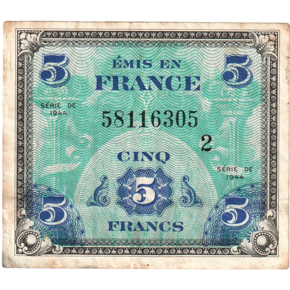 France, 5 Francs, 1944, 58116305, VF(20-25), Fayette:17.02, KM:115a