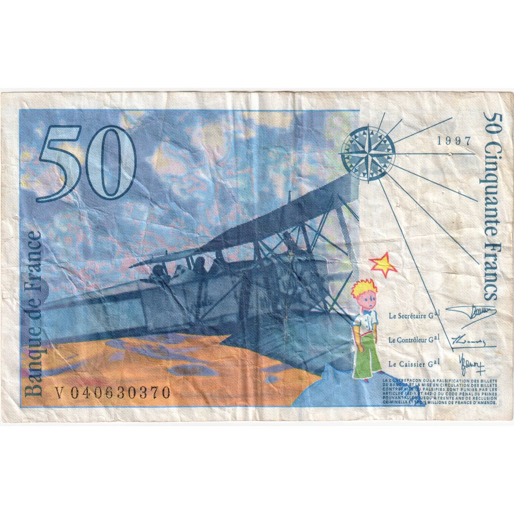 France, 50 Francs,Saint-Exupéry, 1997, V040630370, VF(20-25), KM:157Ad