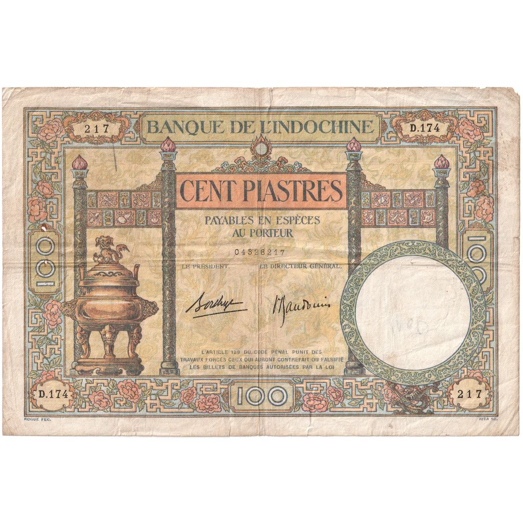 INDOCINA FRANCESE, 100 Piastres, Undated (1925-39), KM:51d, MB