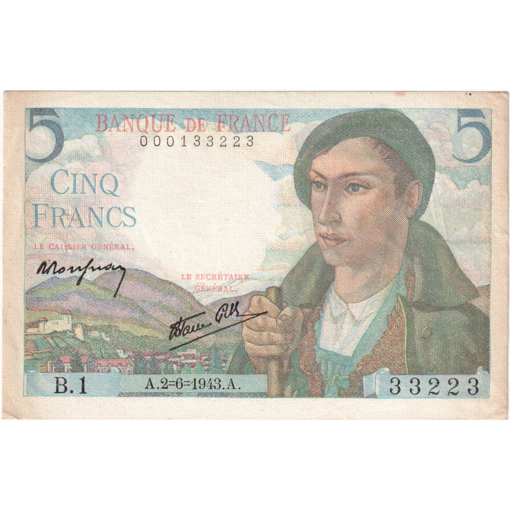 France, 5 Francs, Berger, 1943-06-02, B.1., EF(40-45)