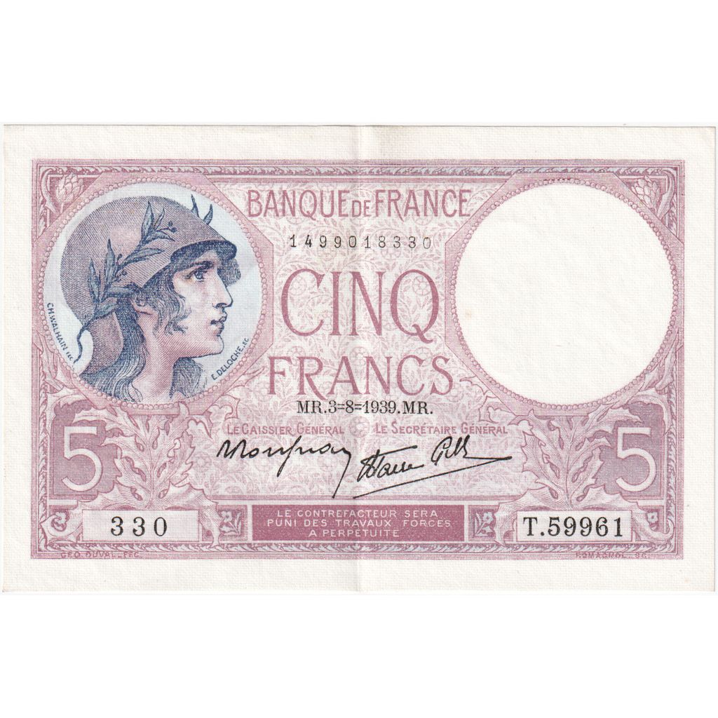 Francia, 5 Francs, Violet, 1939-08-03, T.59961, EBC+