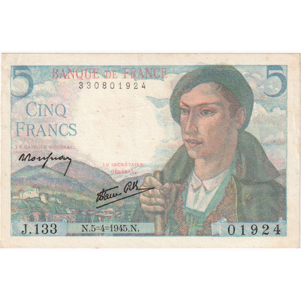 France, 5 Francs, Berger,  1945-04-05, J.133, UNC(60-62)