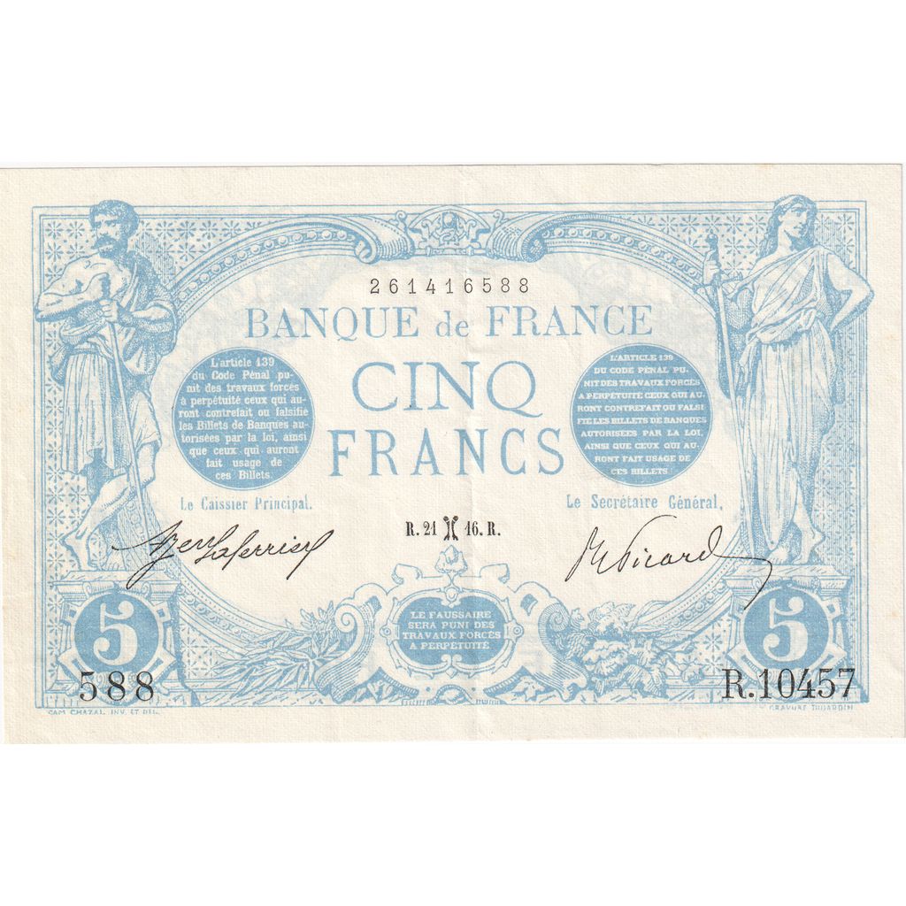 France, 5 Francs, Bleu, 1916-02-21, R.10457, UNC(63)