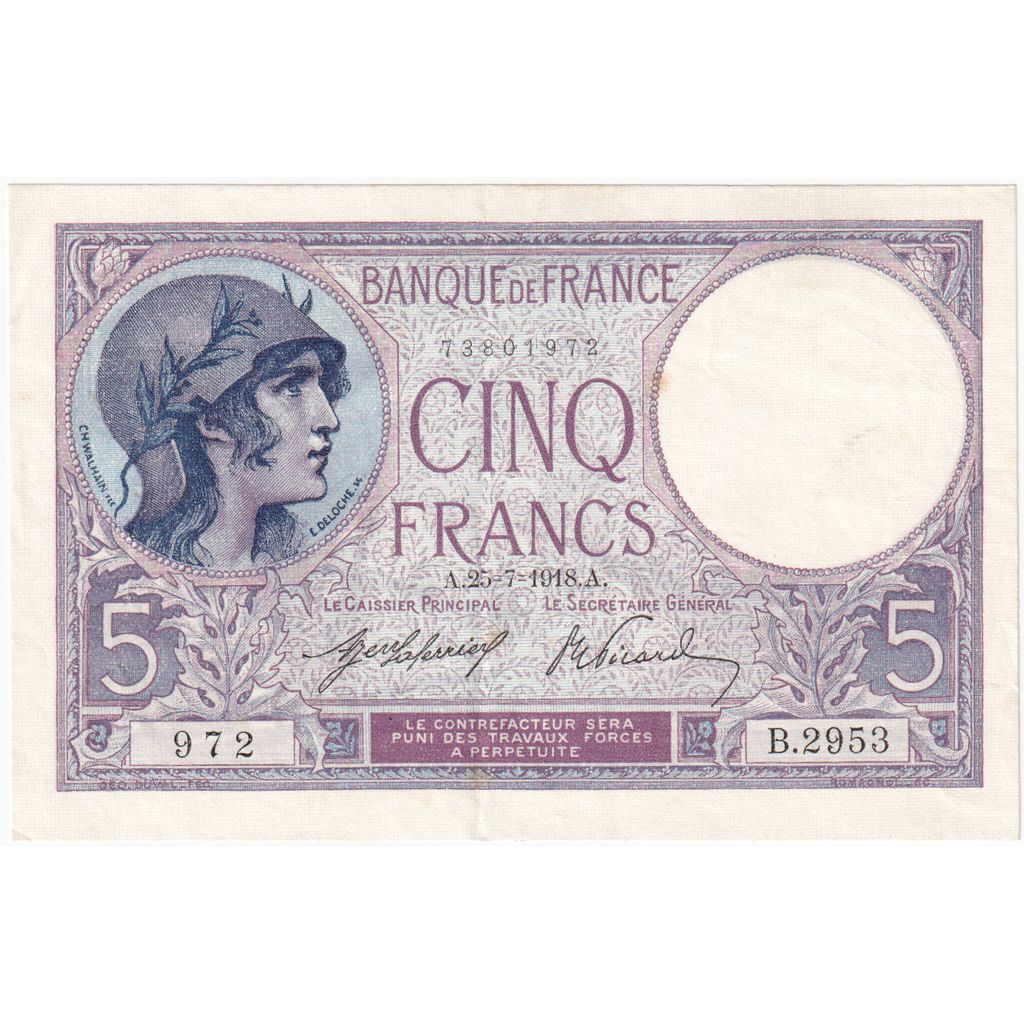 Frankrijk, 5 Francs, Violet, 1918-07-25, B.2953, SUP