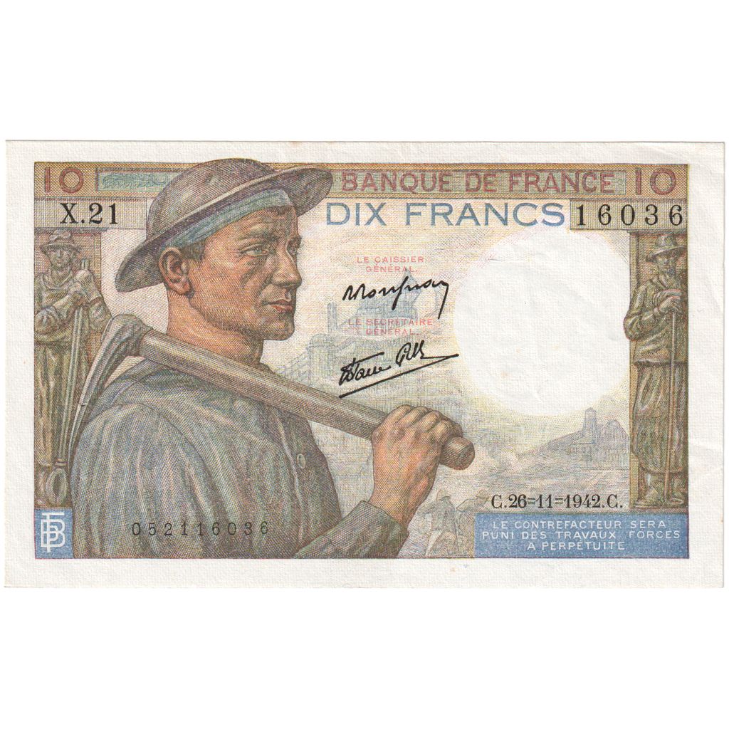France, 10 Francs, Mineur, 1942-11-26, X.21, UNC(63)