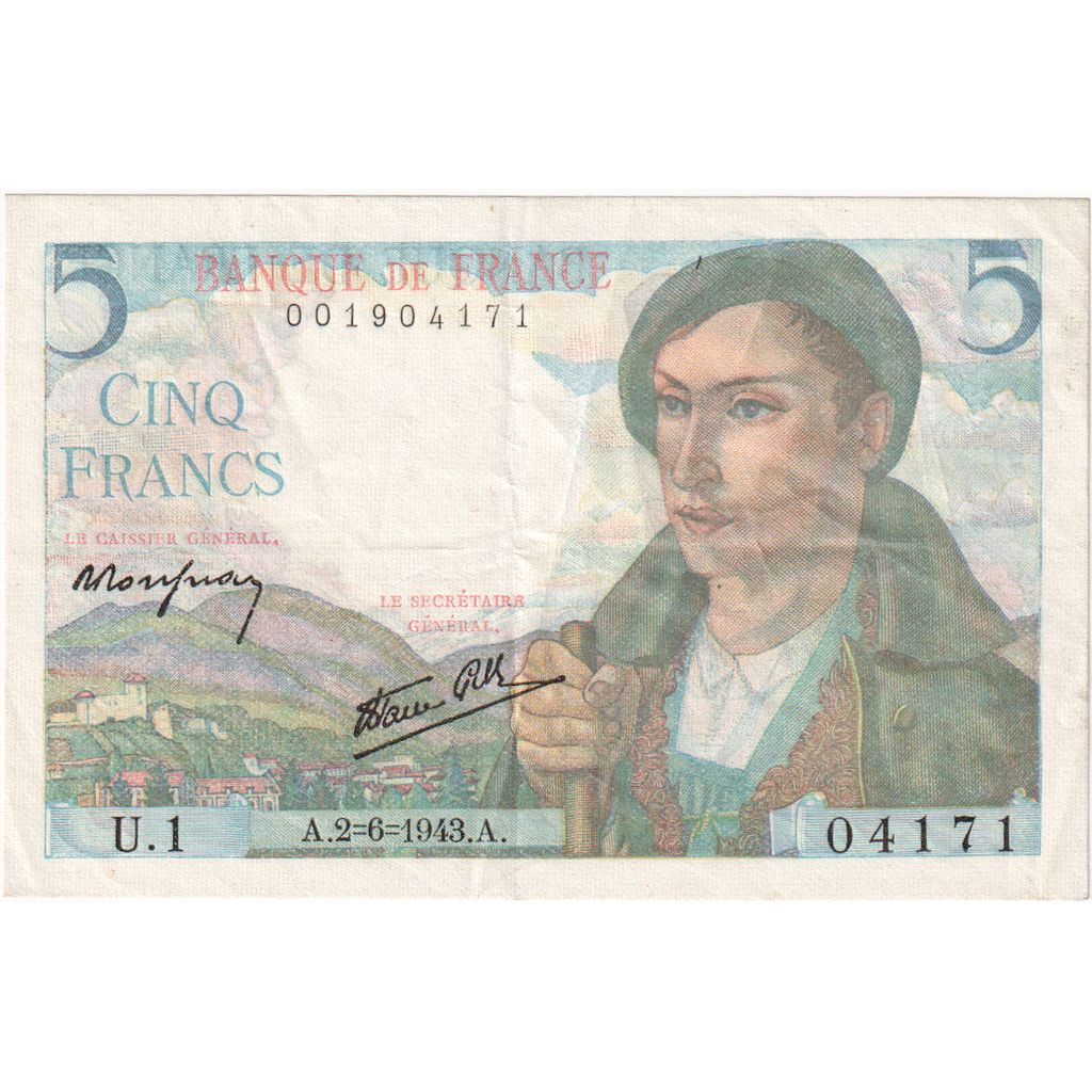 France, 5 Francs, Berger, 1943-06-02, U.1, EF(40-45)