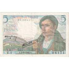 France, 5 Francs, Berger, 1943-06-02, U.1, EF(40-45)
