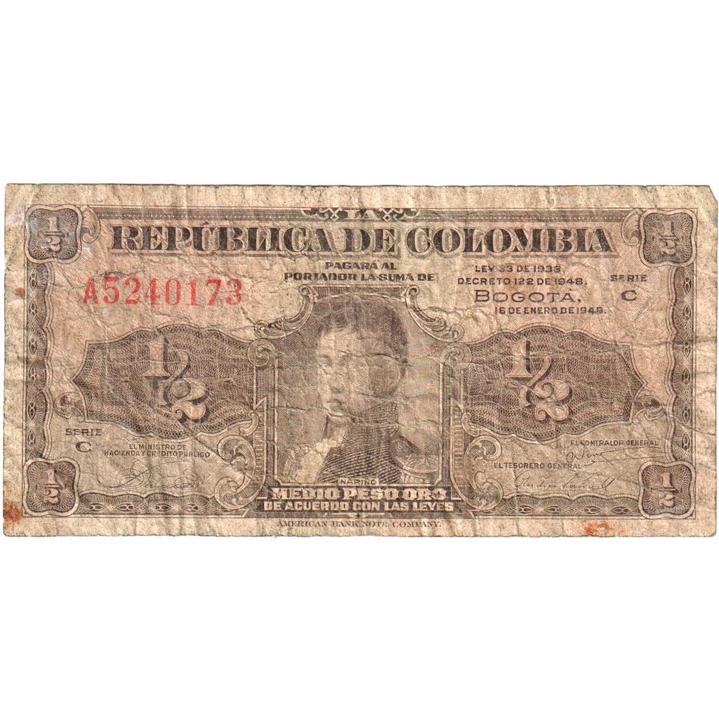 Colombia, 1/2 Peso Oro, 1948-01-16, VG(8-10)