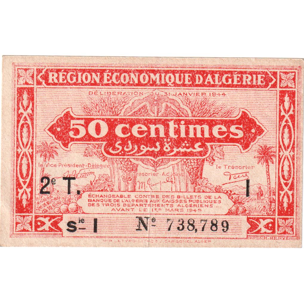 Algeria, 50 Centimes, 1944-01-31, AU(55-58)