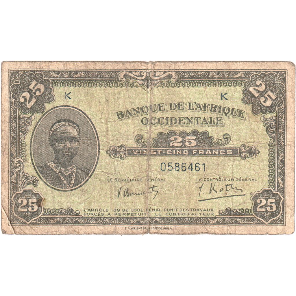 French West Africa, 25 Francs, 1942-12-14, VG(8-10)