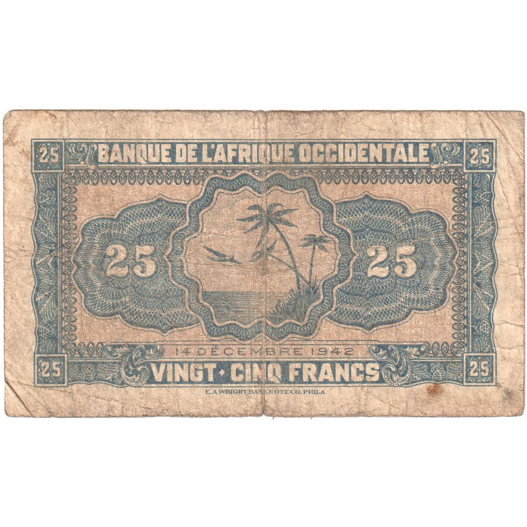 French West Africa, 25 Francs, 1942-12-14, VG(8-10)