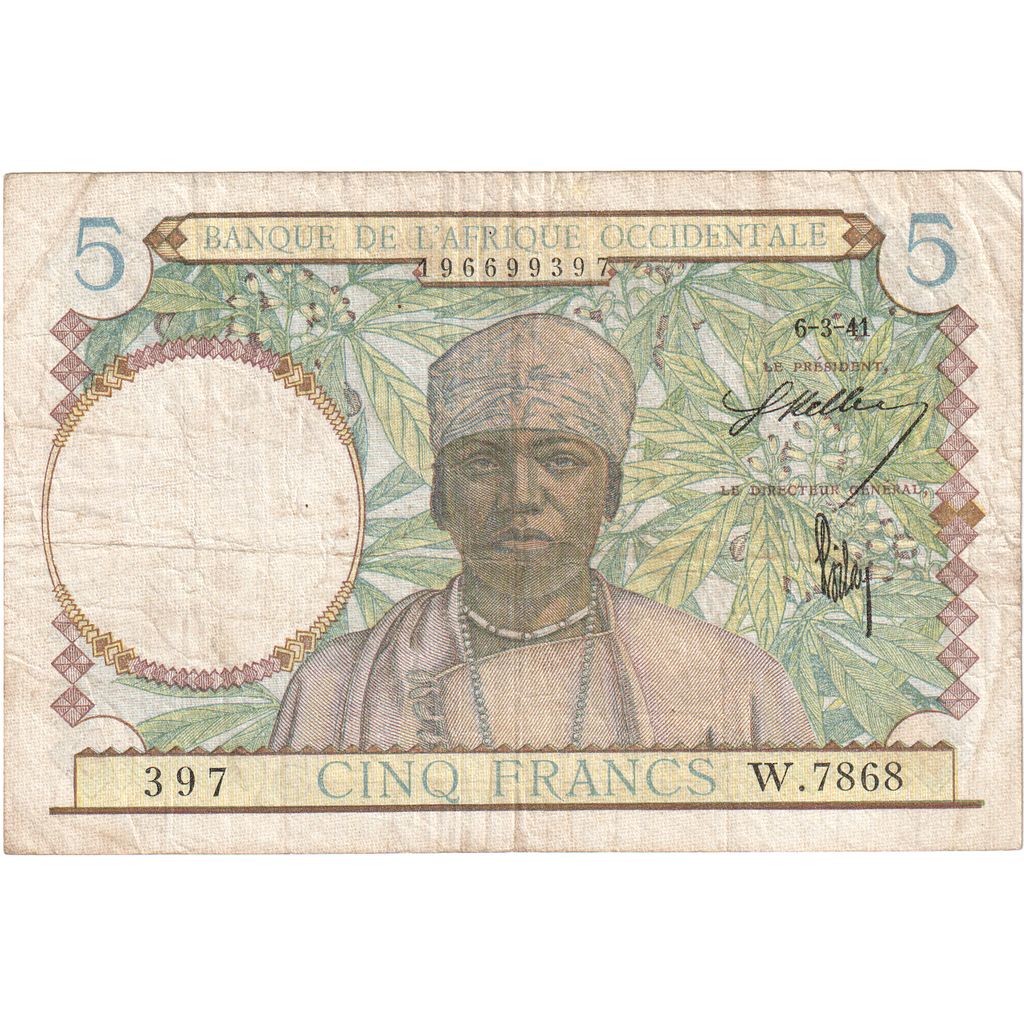 French West Africa, 5 Francs, 1941-03-06, VF(20-25)