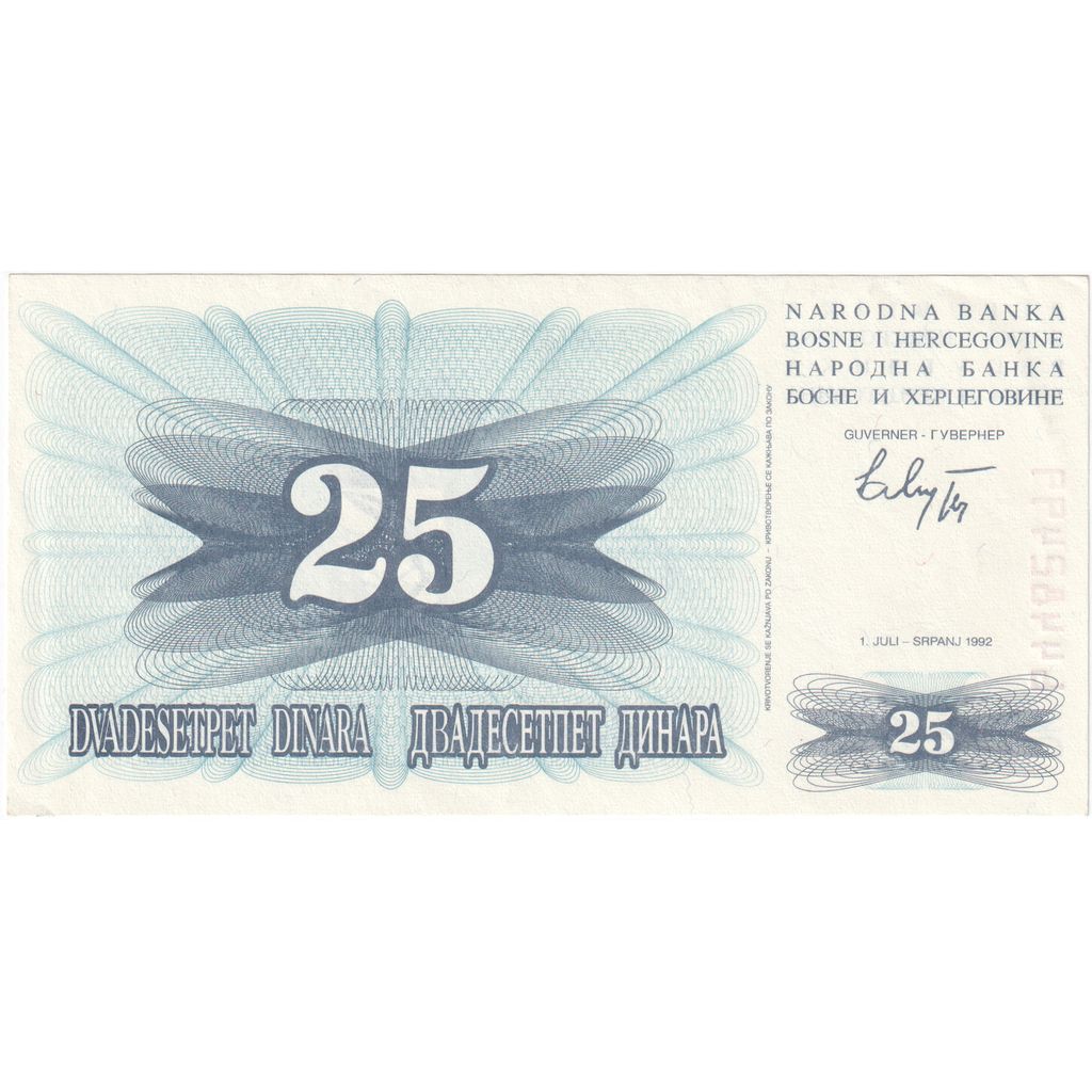 Bosnia - Herzegovina, 25 Dinara, 1992-07-01, UNC
