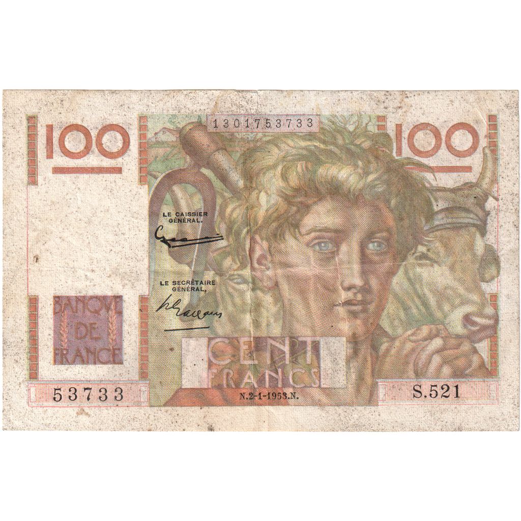 França, 100 Francs, Jeune Paysan, 1953-01-02, S.521, VF(20-25)