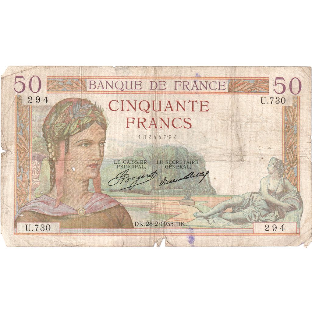 France, 50 Francs, Cérès, 1935-02-28, U.730, VG(8-10)