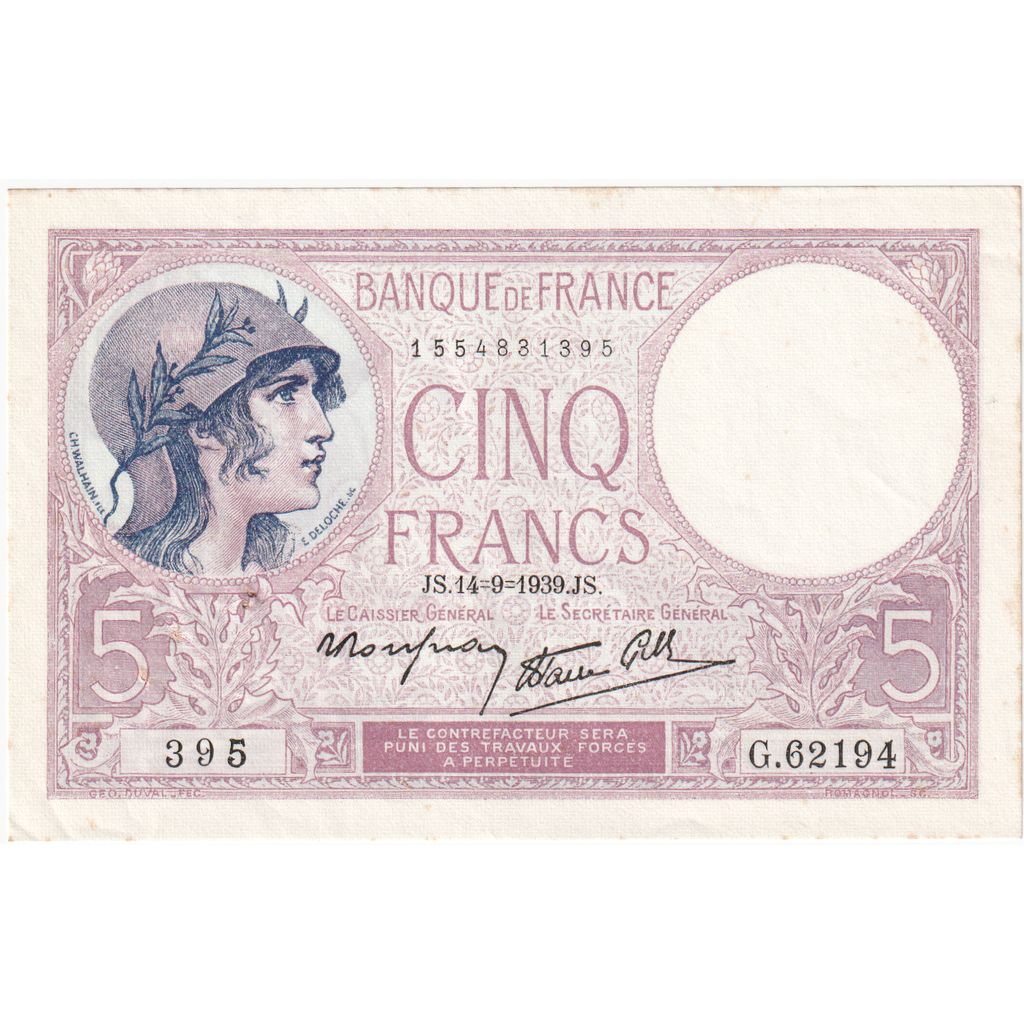 France, 5 Francs, Violet, 1939-09-14, G.62194, AU(55-58)