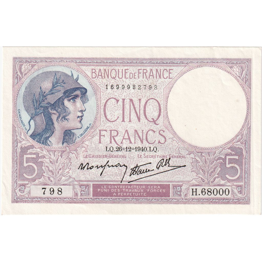 Frankrijk, 5 Francs, Violet, 1940-12-26, H.68000, NIEUW
