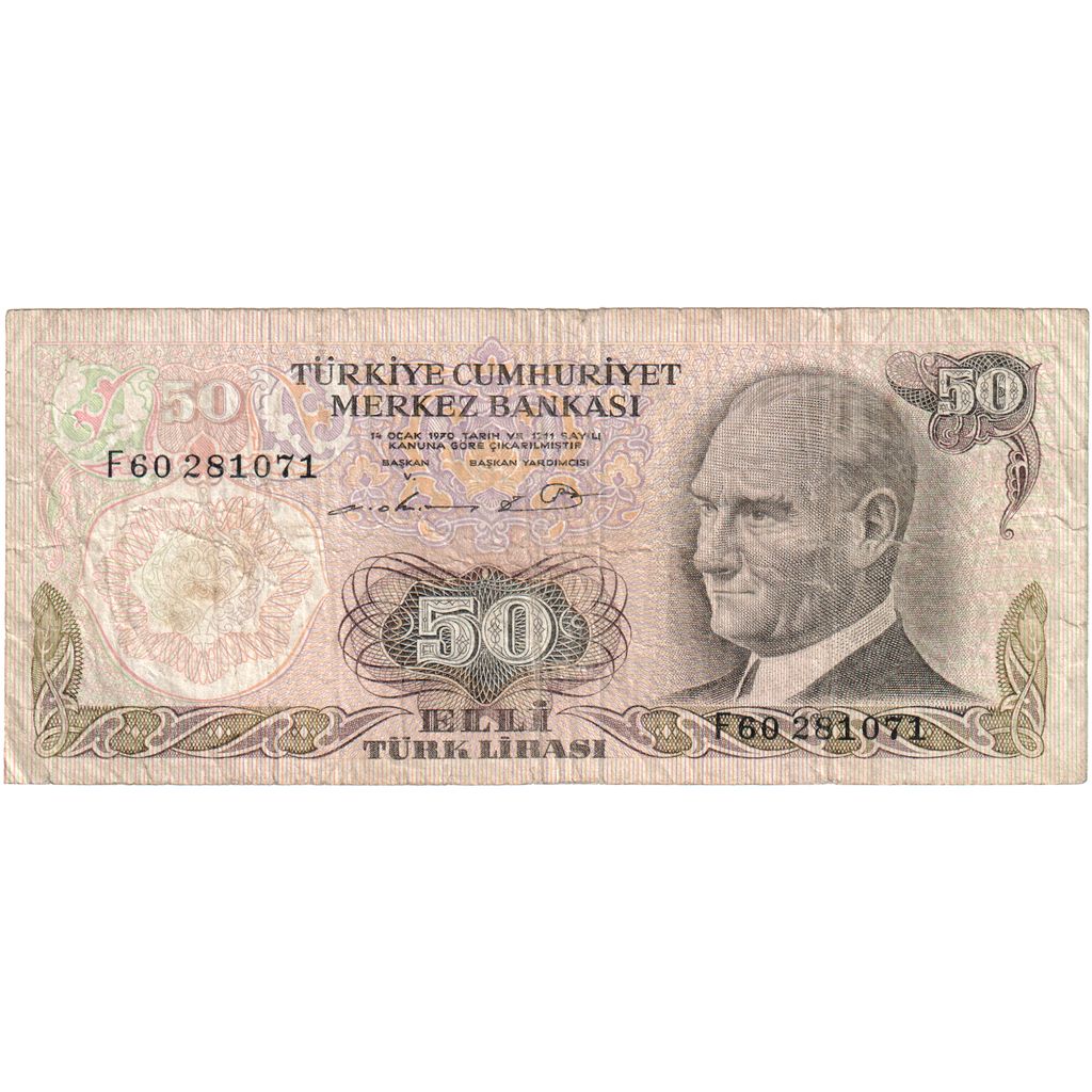 Turkey, 50 Lira, Old Date 1970-10-14, VG(8-10)