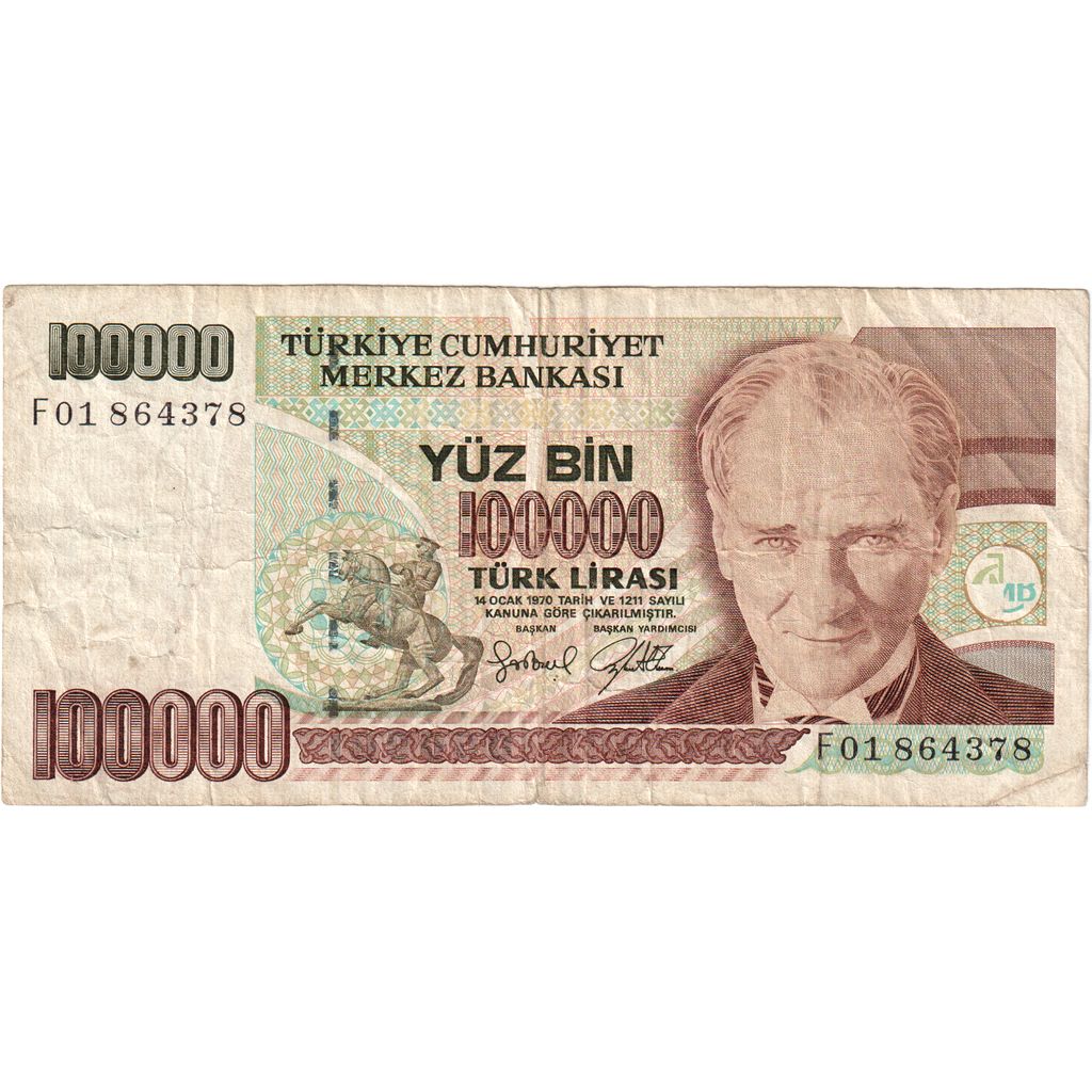 Turkey, 100,000 Lira, VG(8-10)