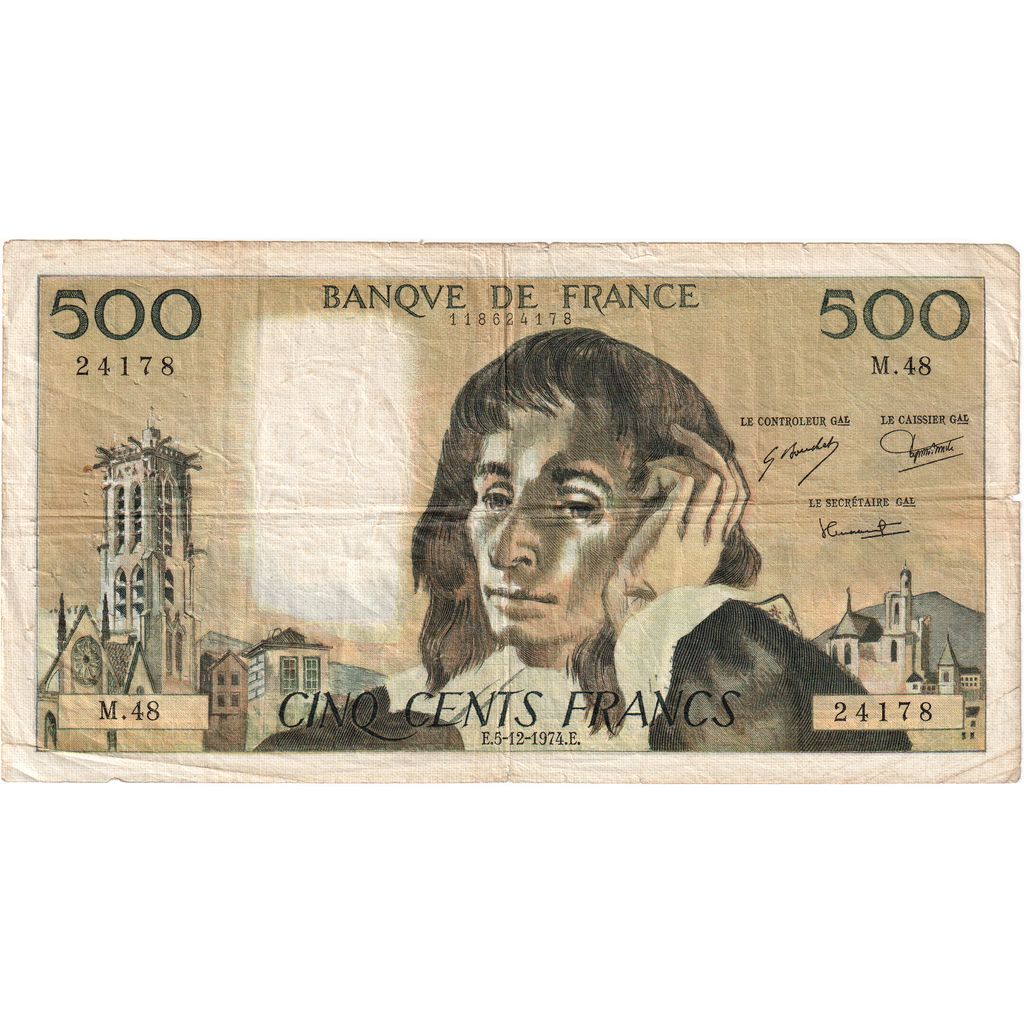 France, 500 Francs, Pascal, 1974-12-05, M.48, VF(20-25)