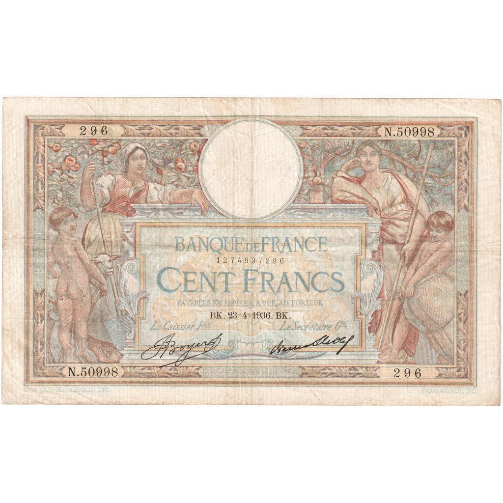 France, 100 Francs, Luc Olivier Merson, 1936-04-23, N.50998, TB