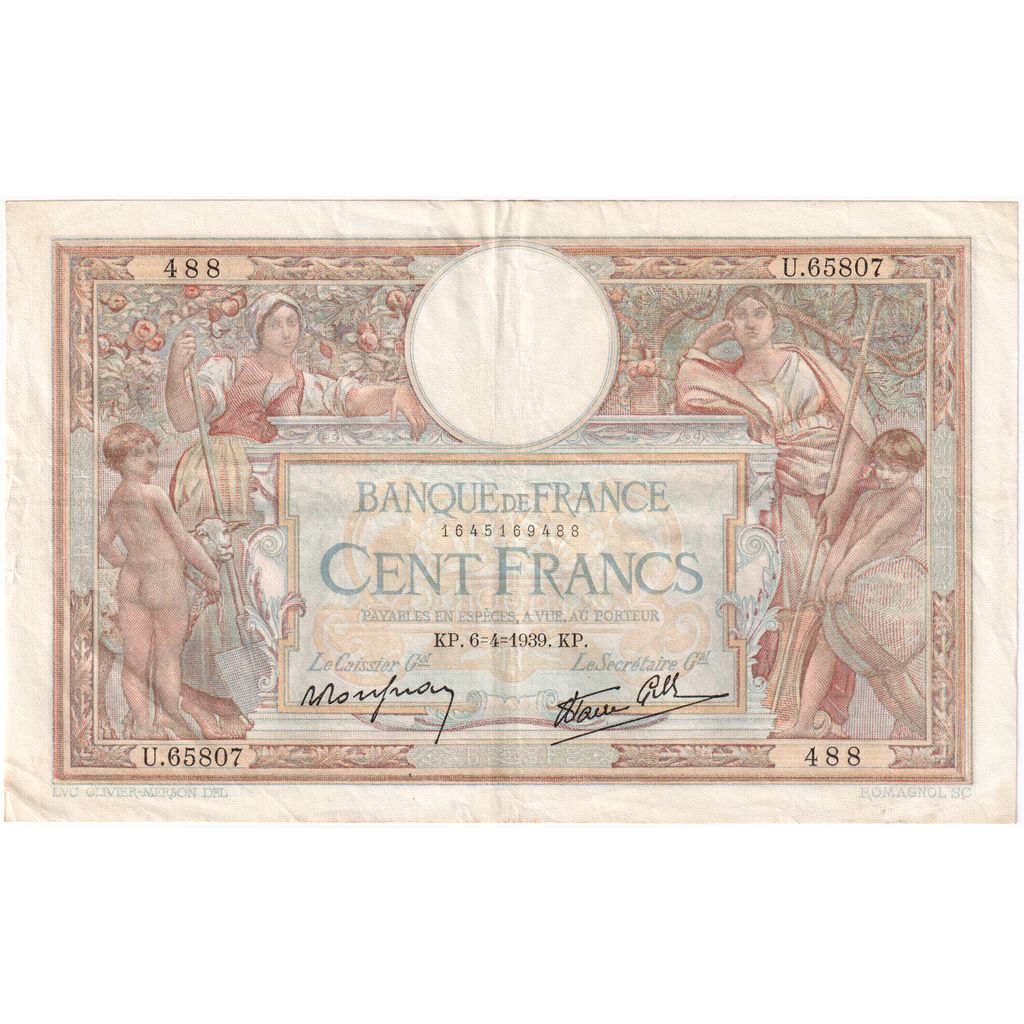 Francia, 100 Francs, Luc Olivier Merson, 1939-04-06, U.65807, BB