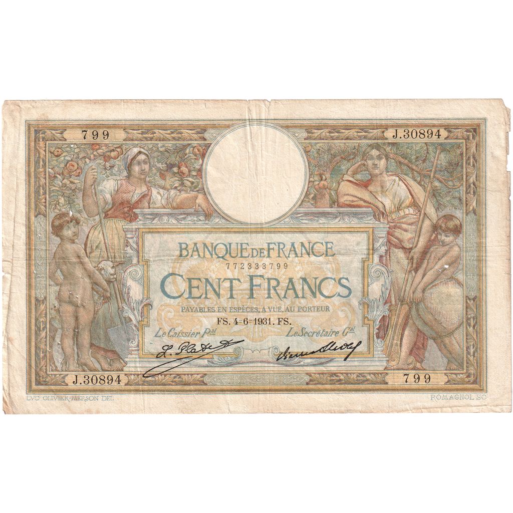 Francia, 100 Francs, Luc Olivier Merson, 1931-06-04, J.30894, B+