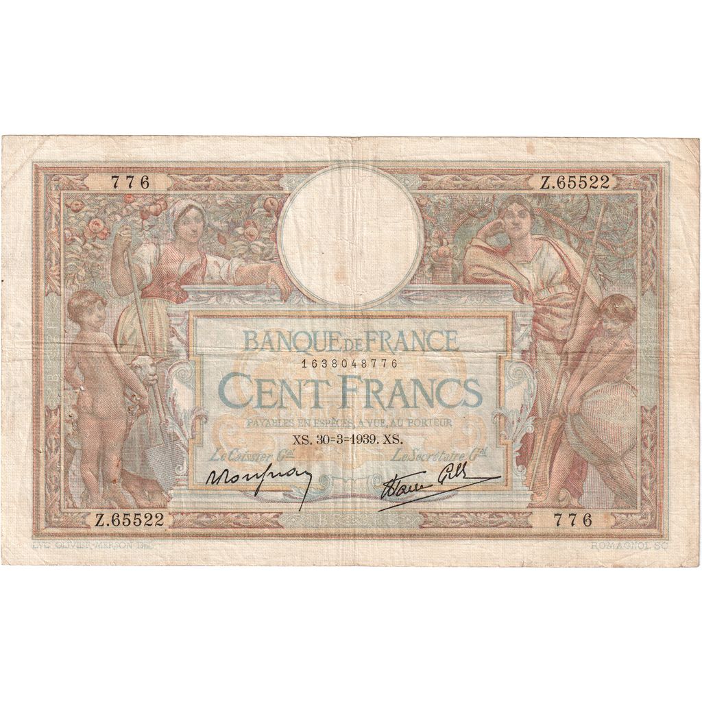 France, 100 Francs, Luc Olivier Merson, 1939-03-30, Z.65522, VF(20-25)