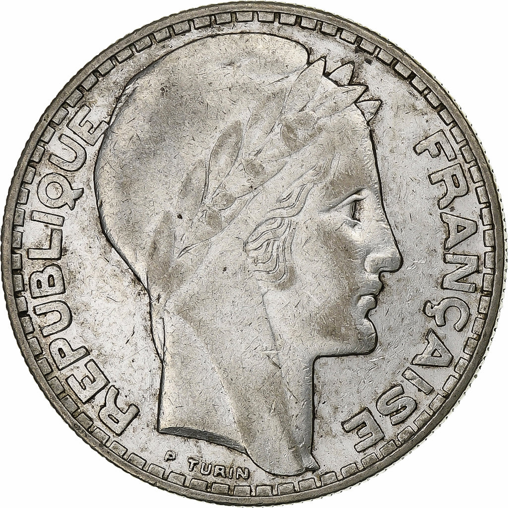 France, 20 Francs, Turin, 1933, Paris, Rameaux longs, Silver, AU(50-53)