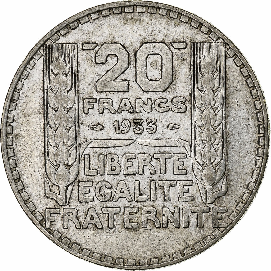 France, 20 Francs, Turin, 1933, Paris, Rameaux longs, Silver, AU(50-53)