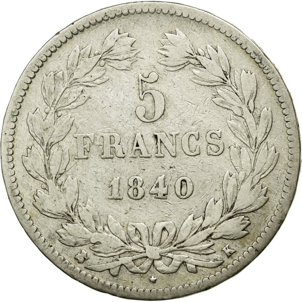 Moneta, Francia, Louis-Philippe, 5 Francs, 1840, Bordeaux, MB, Argento