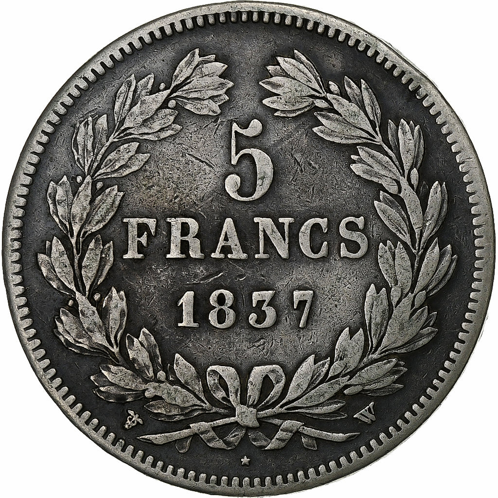França, Louis-Philippe I, 5 Francs, 1837, Lille, Prata, VF(30-35), Gadoury:678