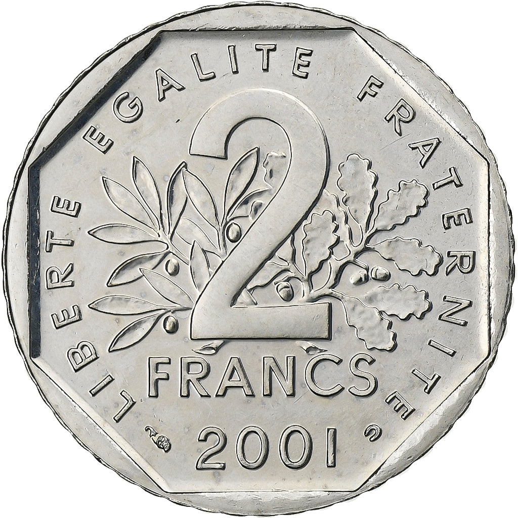 France, 2 Francs, Semeuse, 2001, Nickel, MS(65-70), Gadoury:547, KM:942.2