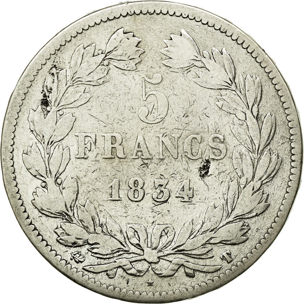 Coin, France, Louis-Philippe, 5 Francs, 1834, Nantes, VF(20-25), Silver