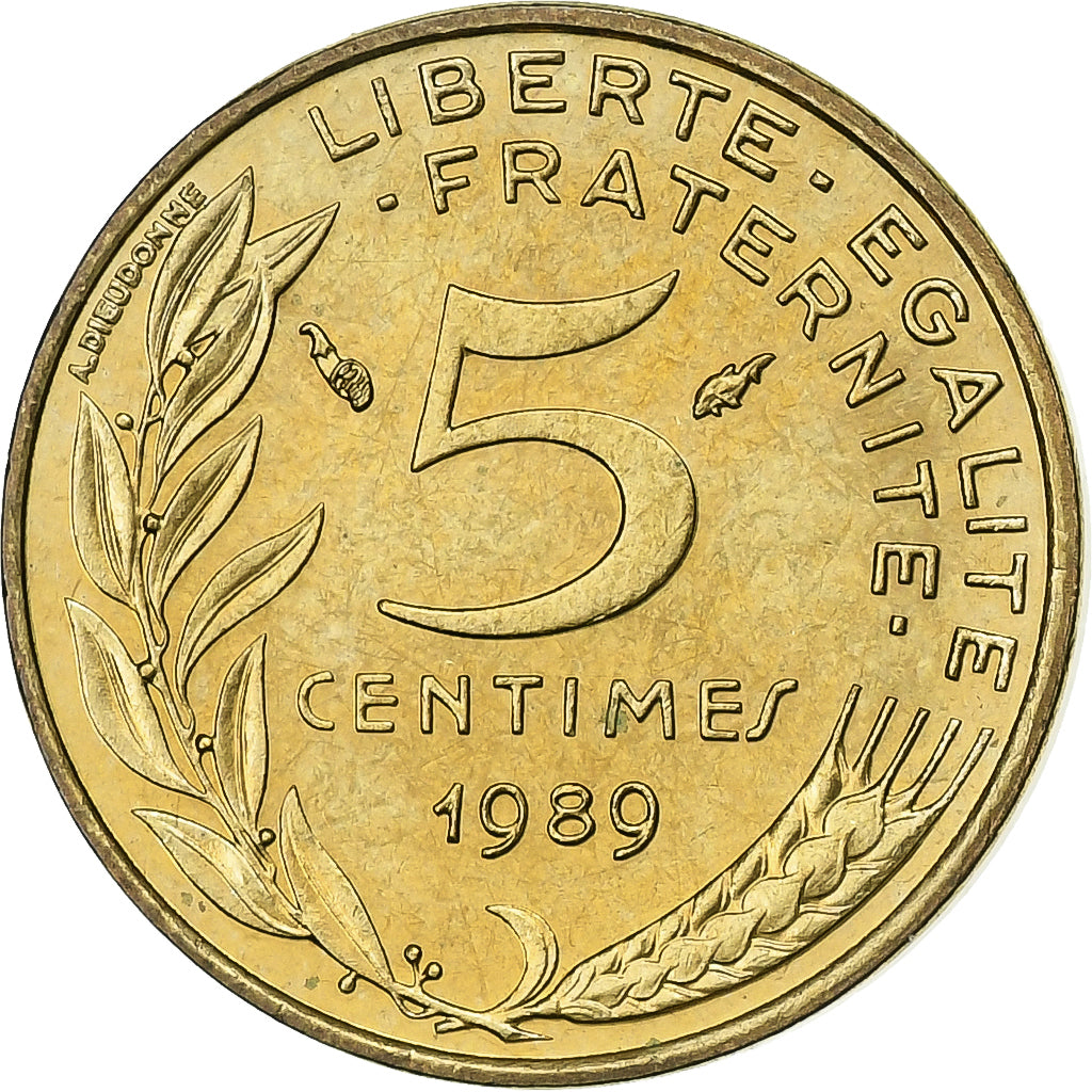 France, 5 Centimes, Marianne, 1989, Paris, Aluminum-Bronze, MS(65-70)