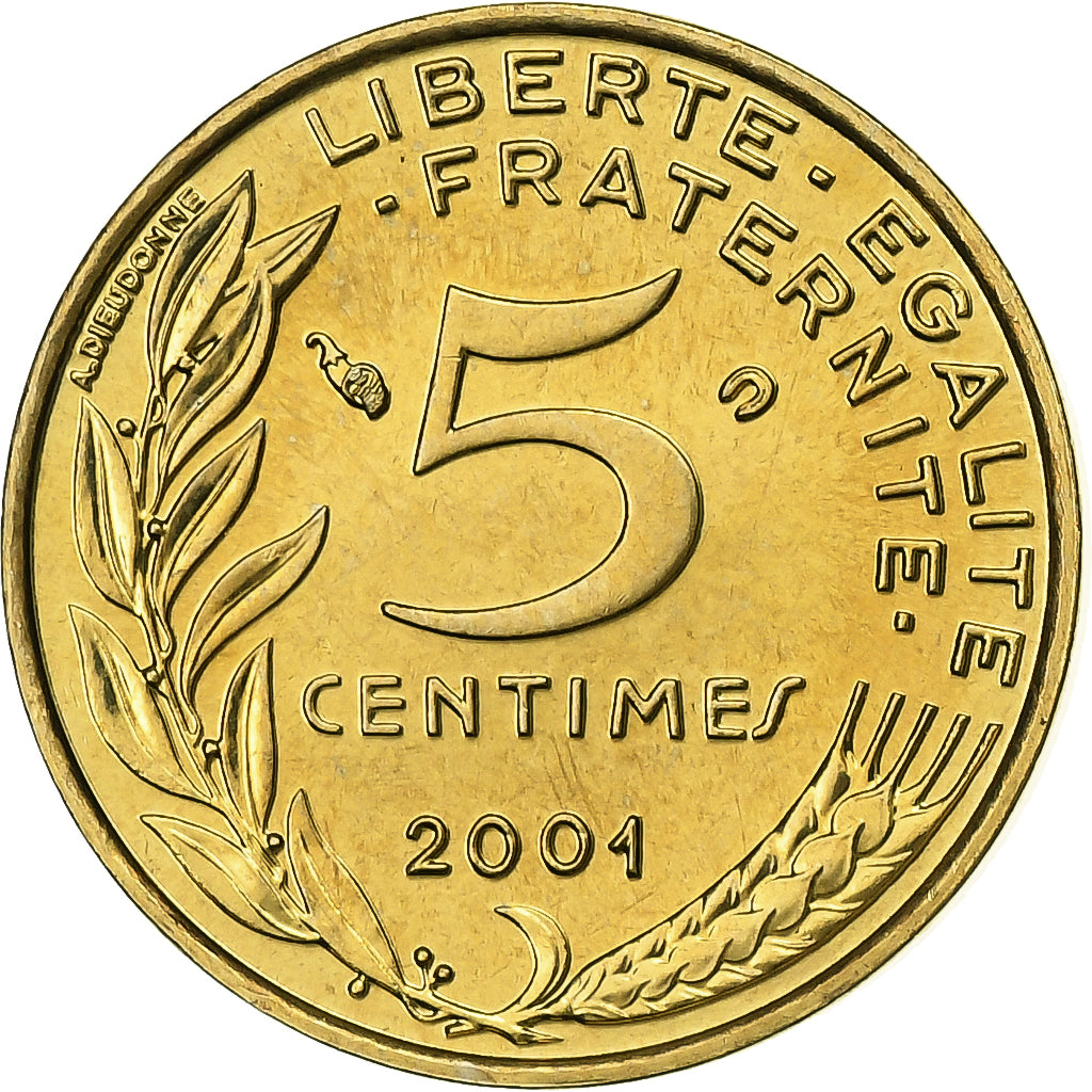 France, 5 Centimes, Marianne, 2001, Paris, Aluminum-Bronze, MS(65-70)