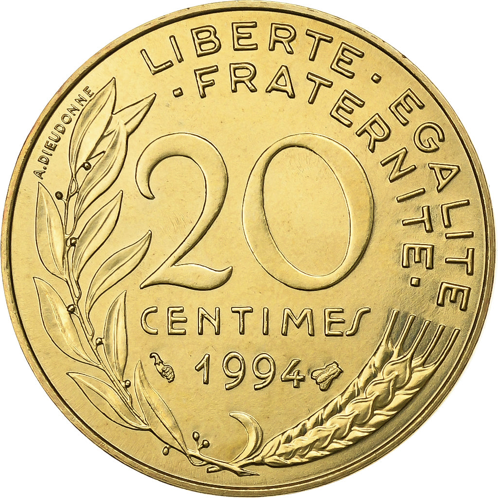 Frankrijk, 20 Centimes, Marianne, 1994, Paris, Aluminum-Bronze, FDC