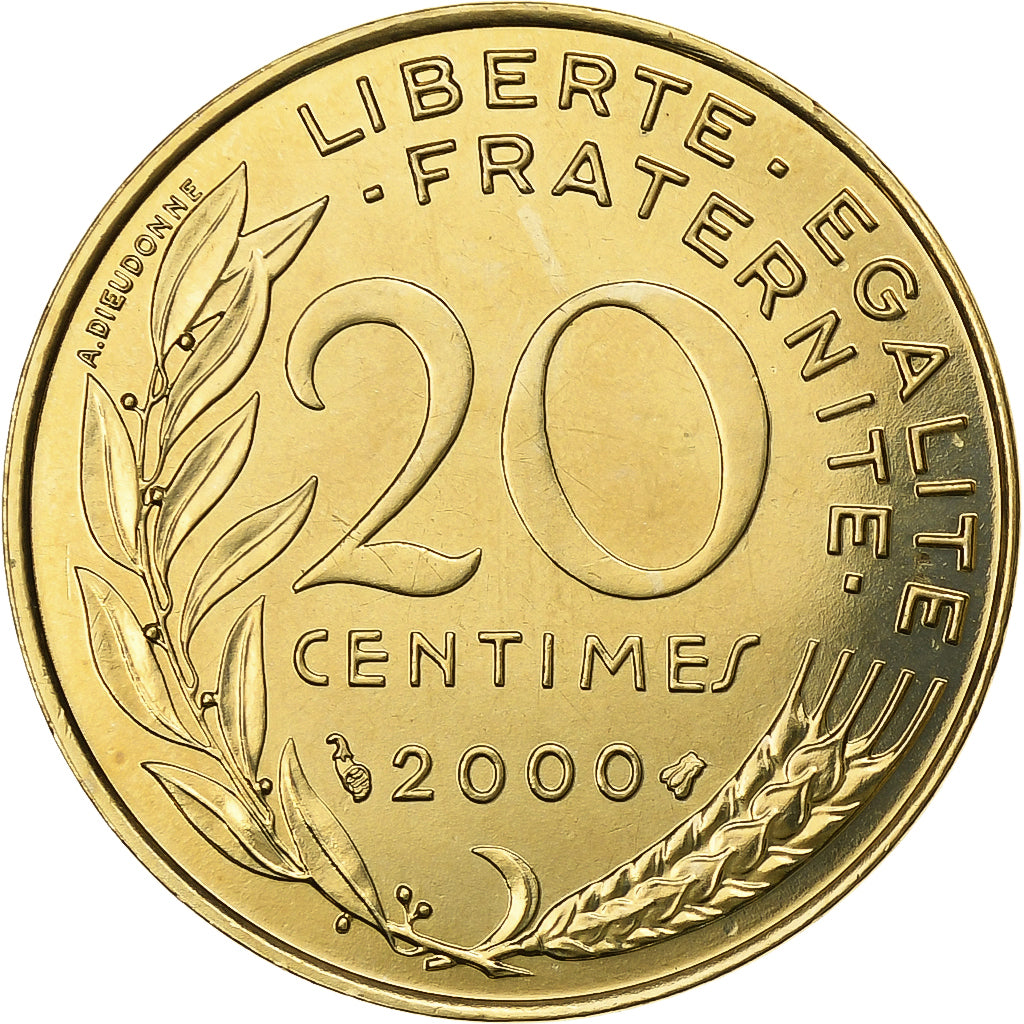 Frankrijk, 20 Centimes, Marianne, 2000, Paris, Aluminum-Bronze, FDC