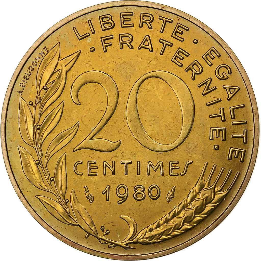 Francja, 20 Centimes, Marianne, 1980, Paris, Aluminium-Brąz, MS(65-70)