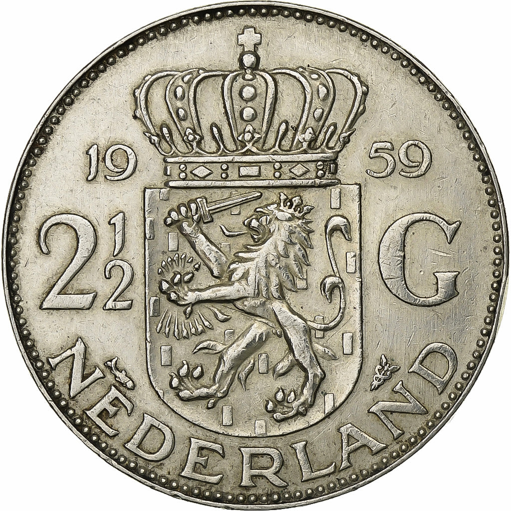 Netherlands, Juliana, 2-1/2 Gulden, 1959, Silver, AU(50-53), KM:185