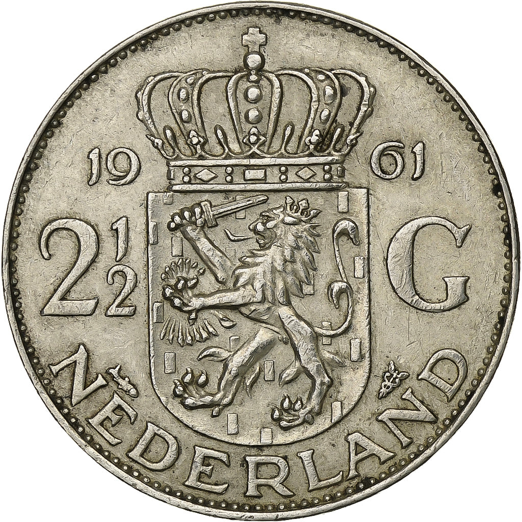 Netherlands, Juliana, 2-1/2 Gulden, 1961, Silver, EF(40-45), KM:185